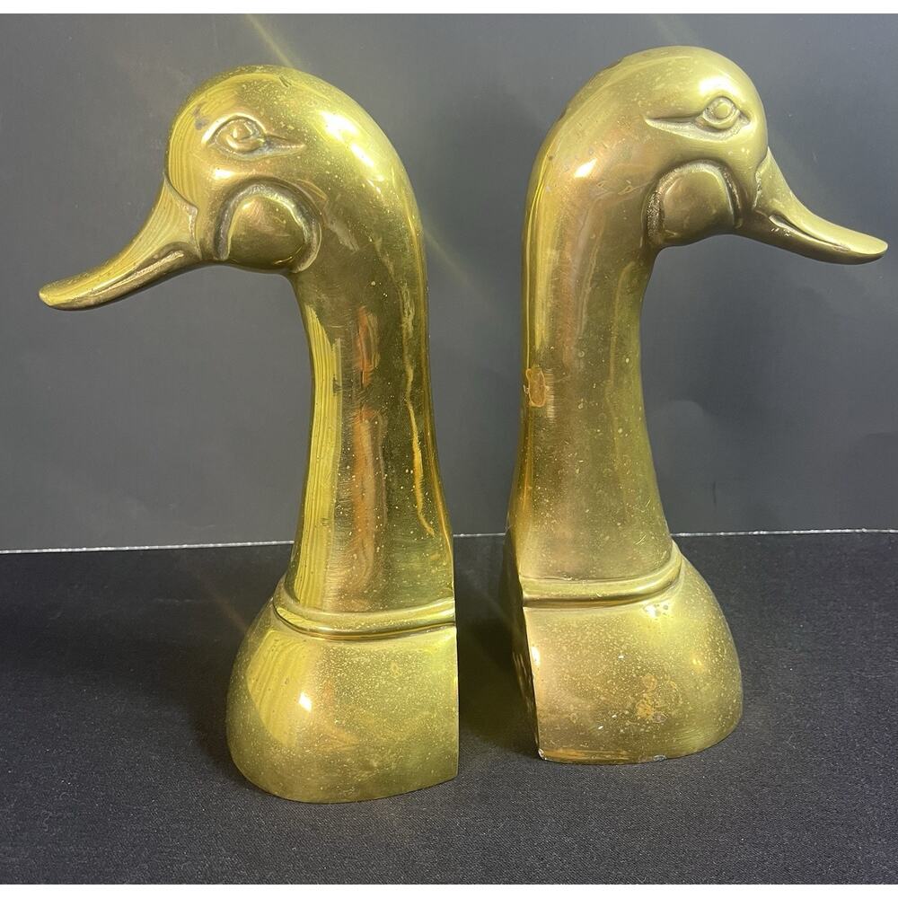 Vintage Tall Solid Brass MCM Bookends Duck Head Sculptures 8.5” Tall Heavy